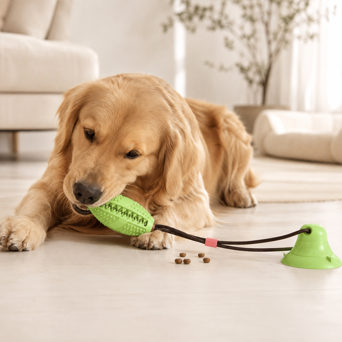 Golden Retriever chewing the green oval-head suction cup dog tug toy while the base is anchored to a smooth light floor.