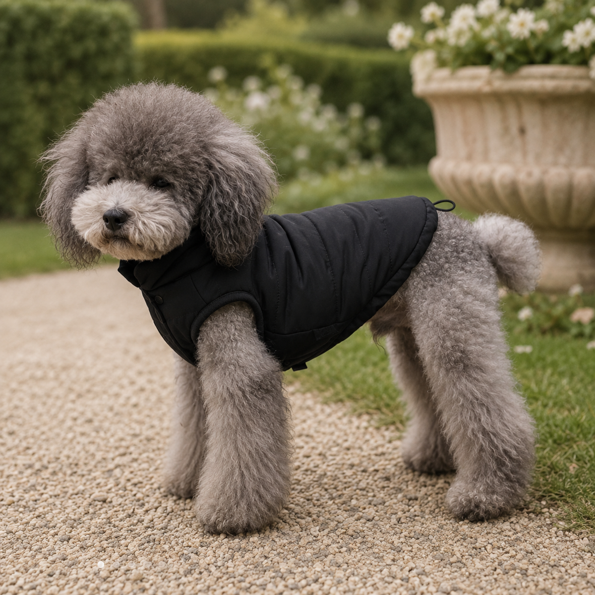 Poodle wearing the Water-Resistant Dog Vest in Black in a refined garden setting.