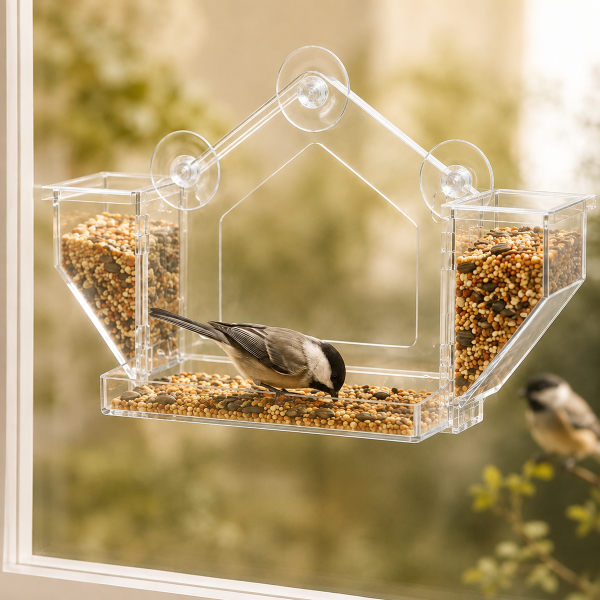 Chickadee perched at the ClearView acrylic window bird feeder mounted to glass with the suction cups placed along the top edge.