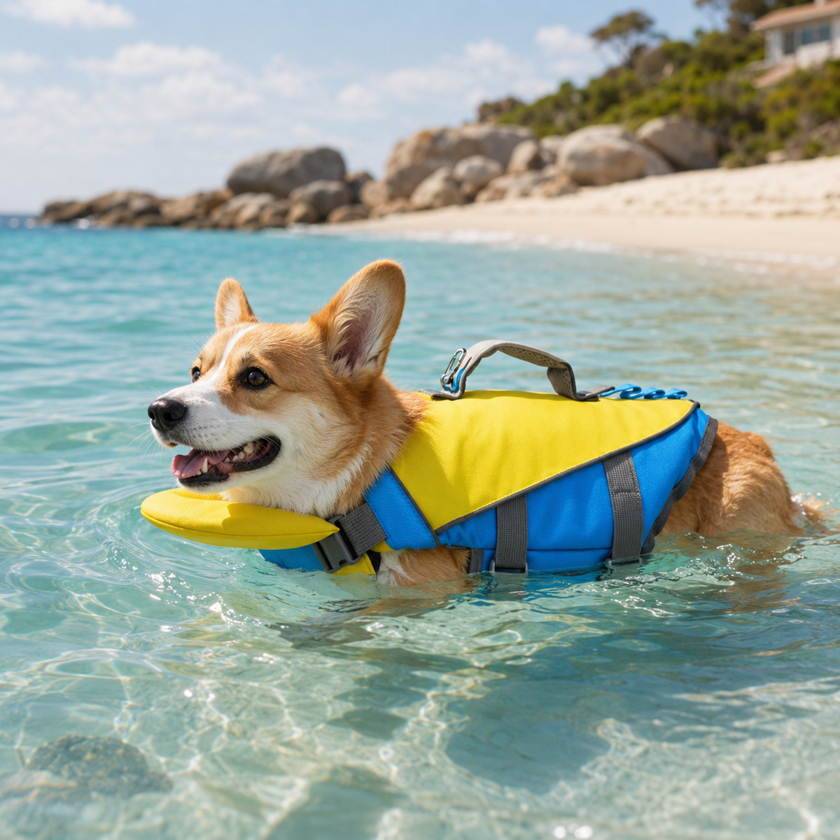 Corgi in shallow coastal water wearing the HarborGuard reflective dog life jacket in yellow and blue.