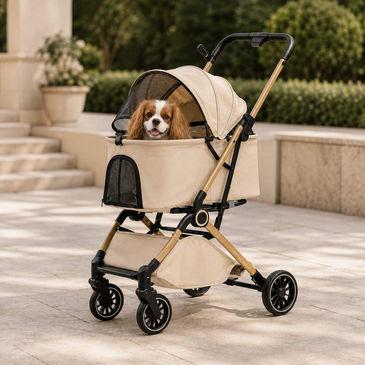Cavalier King Charles Spaniel in a foldable pet stroller for cats and small dogs with breathable mesh panels and gold-toned frame accents.