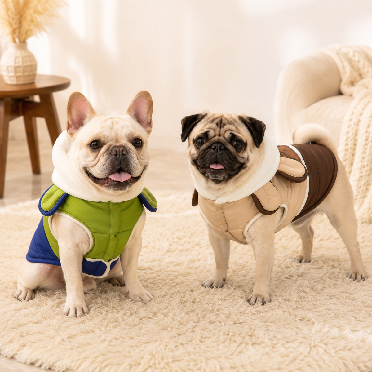 French Bulldog and Pug wearing the Hooded Dog Winter Cotton Coat in Green and Brown in a polished lifestyle portrait.
