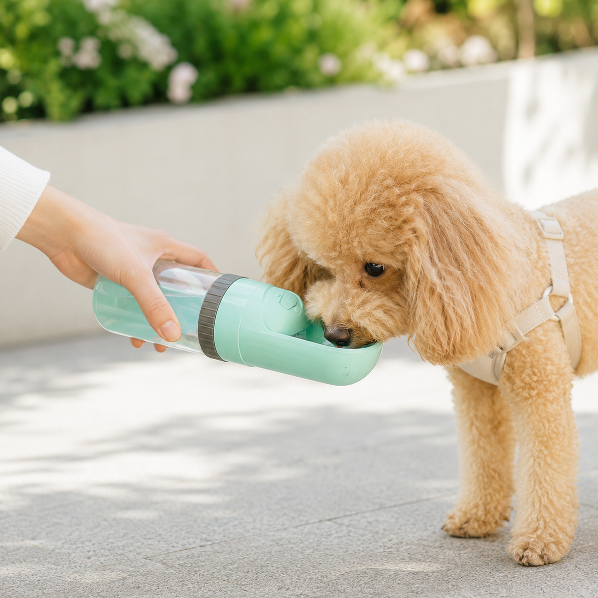 Apricot poodle drinking from a mint Nomad Sip & Snack 2-in-1 Pet Travel Water Bottle while being held by its owner.