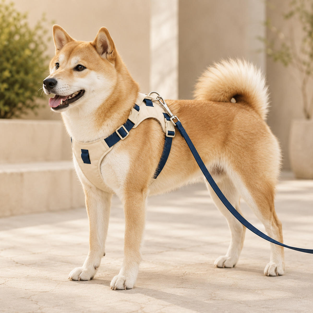 Shiba Inu wearing the Milan Water-Resistant Oxford Dog Harness in beige blue with matching leash.