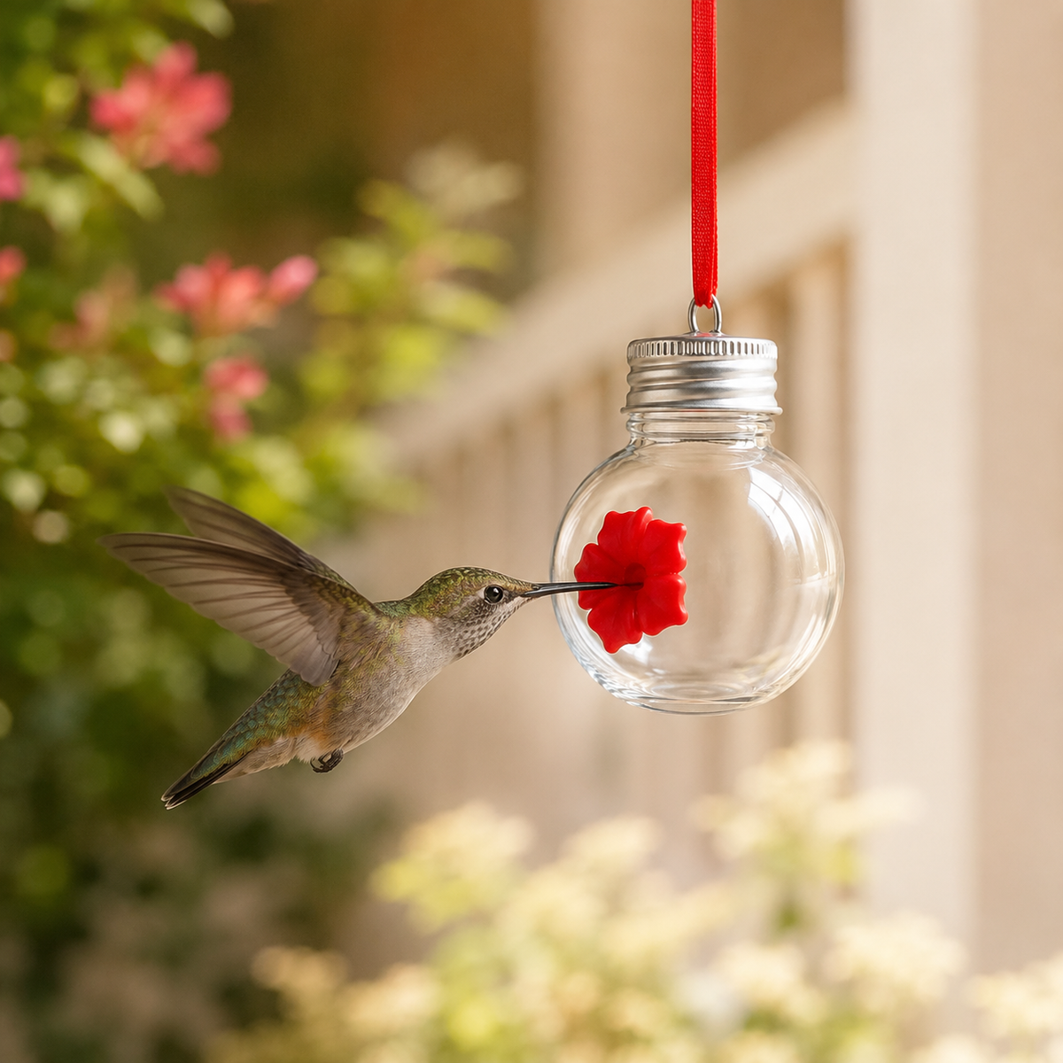 Hummingbird feeding from the Bloom & Sip light bulb hummingbird feeder hanging by a red ribbon outdoors.