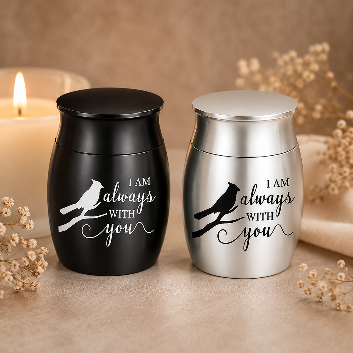 Two silver mini bird memorial urns displayed in a candlelit remembrance scene.