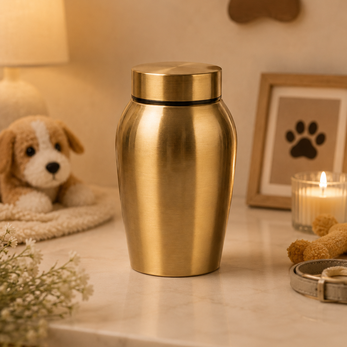 Stainless steel pet memorial urn styled in a warm remembrance setting with soft lighting and pet-themed decor.