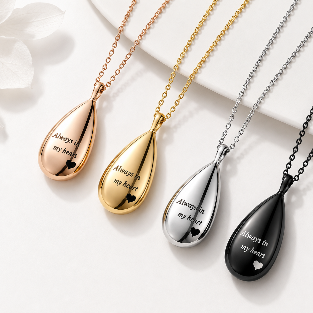 Memorial urn pendant necklaces in four colours: rose gold, gold, silver and black