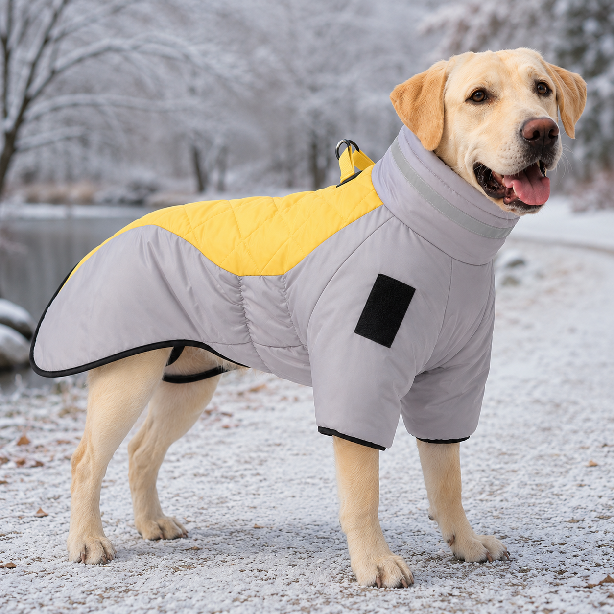 Labrador wearing the reflective quilted winter dog coat in gray and yellow beside a winter path