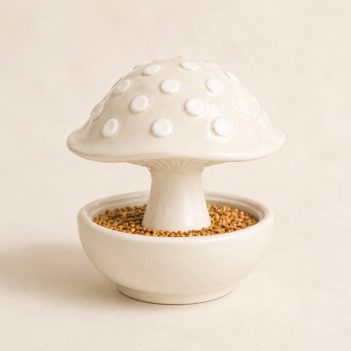 White Meadowcap ceramic mushroom bird feeder with raised white spots and circular seed trough.
