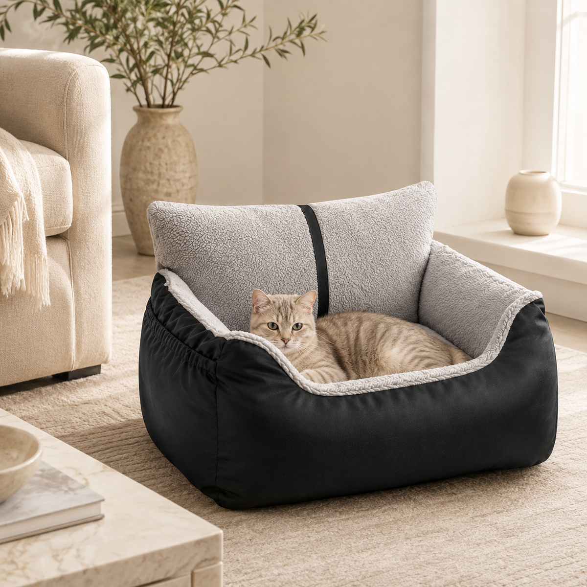 Light beige cat resting inside the black and grey detachable pet car seat bed in a refined cream-toned home setting.