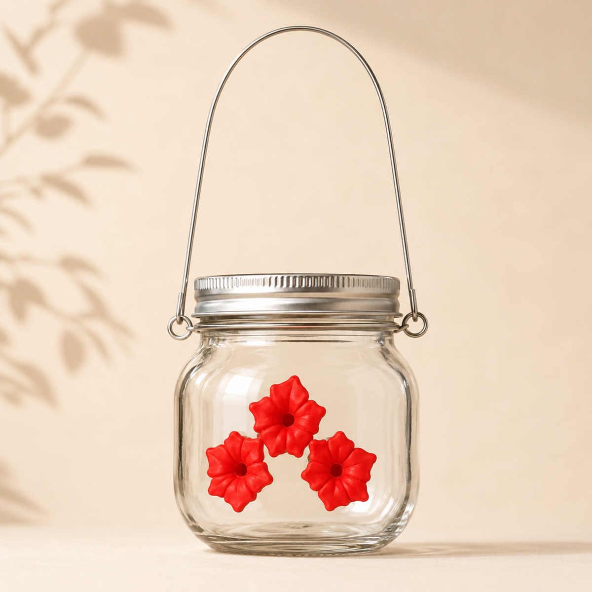 Product photo of the Bloom & Sip mason jar hummingbird feeder with clear glass body and three red floral feeding ports.