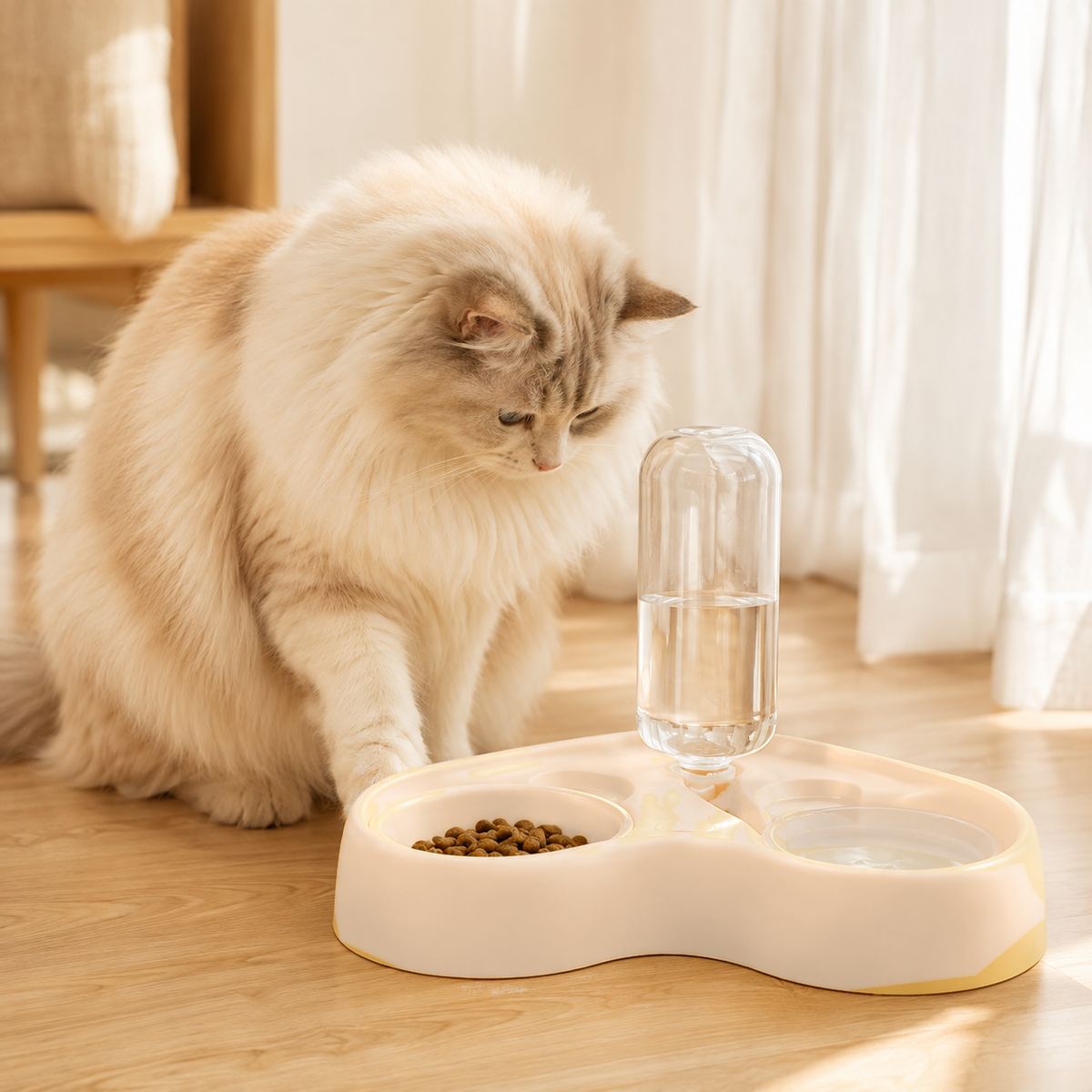 Long-haired cat beside the Maison Duo pet feeding station in Vanilla Brown with PP food bowl and clear water reservoir.