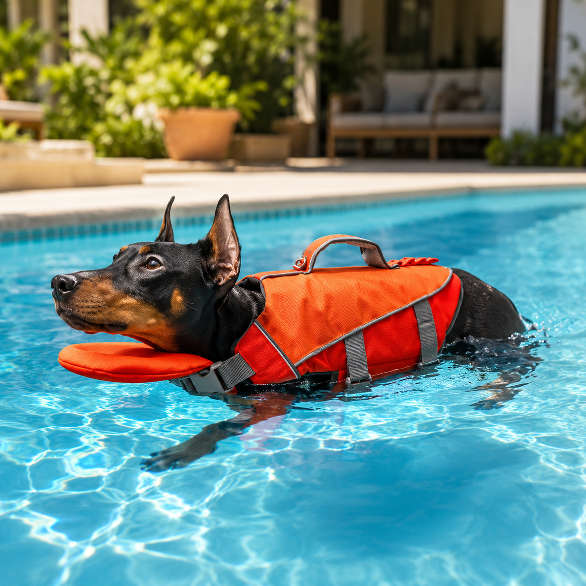 Black and tan dog swimming in a bright pool wearing the HarborGuard reflective dog life jacket in orange and red.