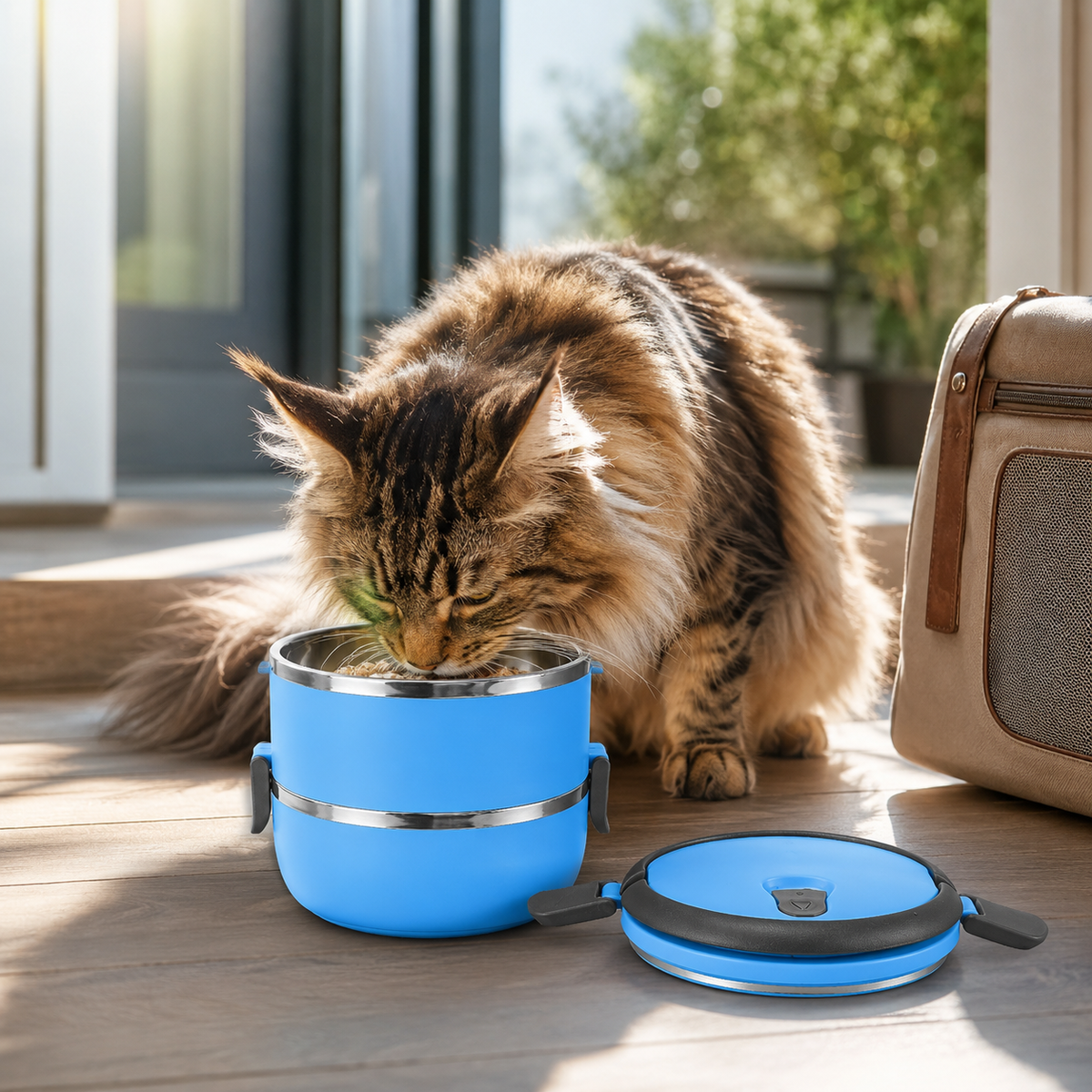 Maine Coon cat eating from the blue Voyager Seal stainless steel pet travel bowl in a bright home travel setting.