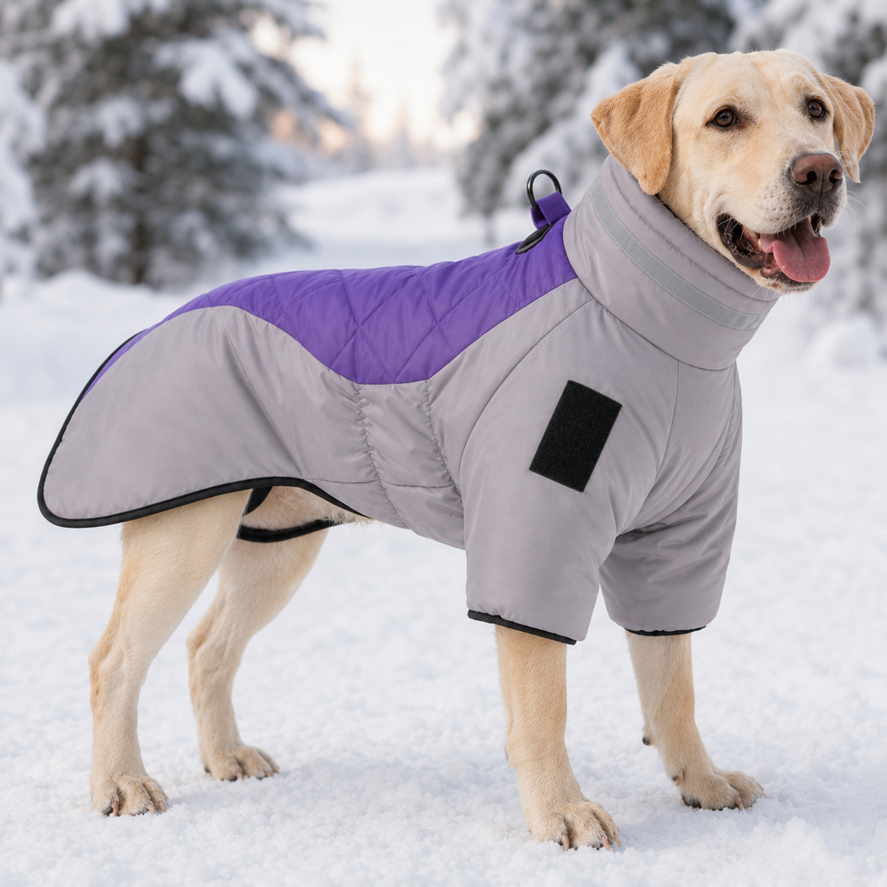 Labrador wearing the reflective quilted winter dog coat in gray and purple in a snowy landscape