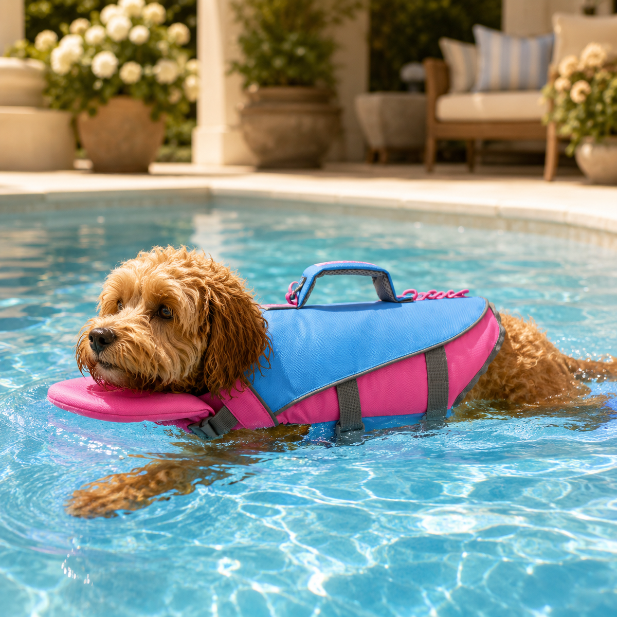 Small curly-coated dog swimming in a pool wearing the HarborGuard reflective dog life jacket in powder blue and pink.