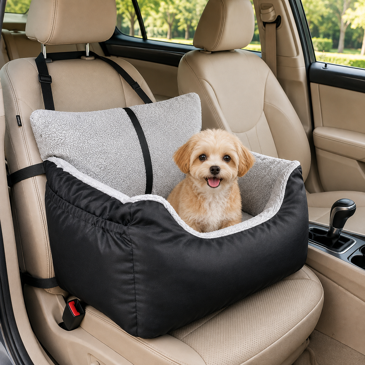 Small dog sitting inside the pet car seat bed installed on a beige front car seat with the securing straps attached behind the seat.