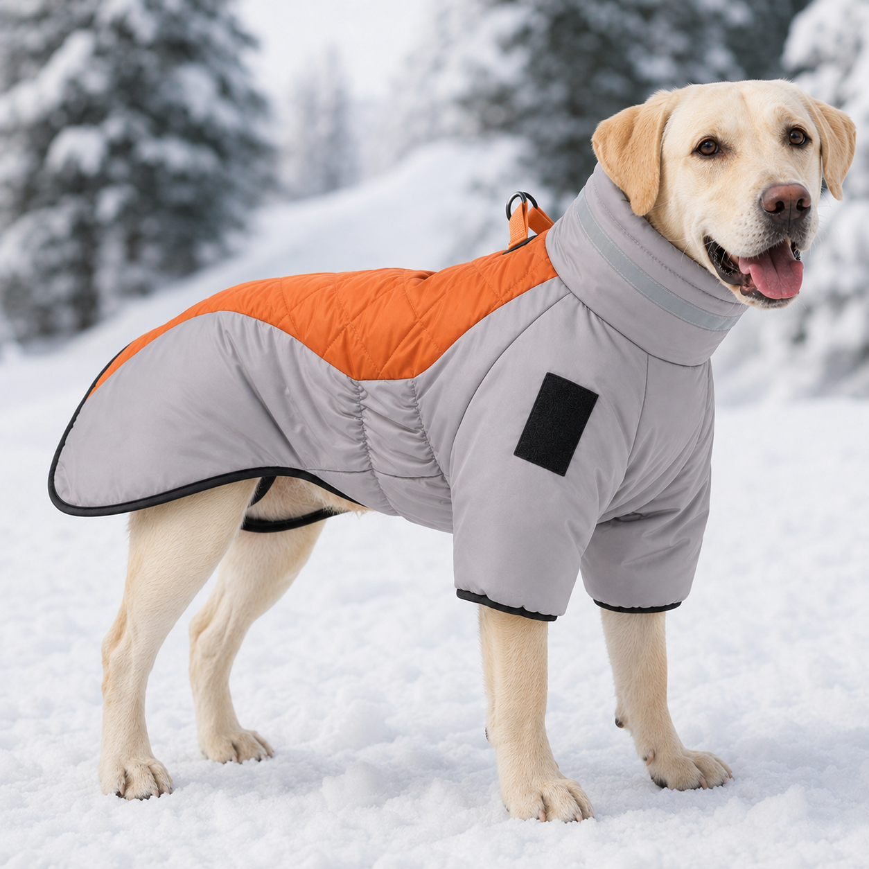 Labrador wearing the reflective quilted winter dog coat in gray and orange standing in the snow