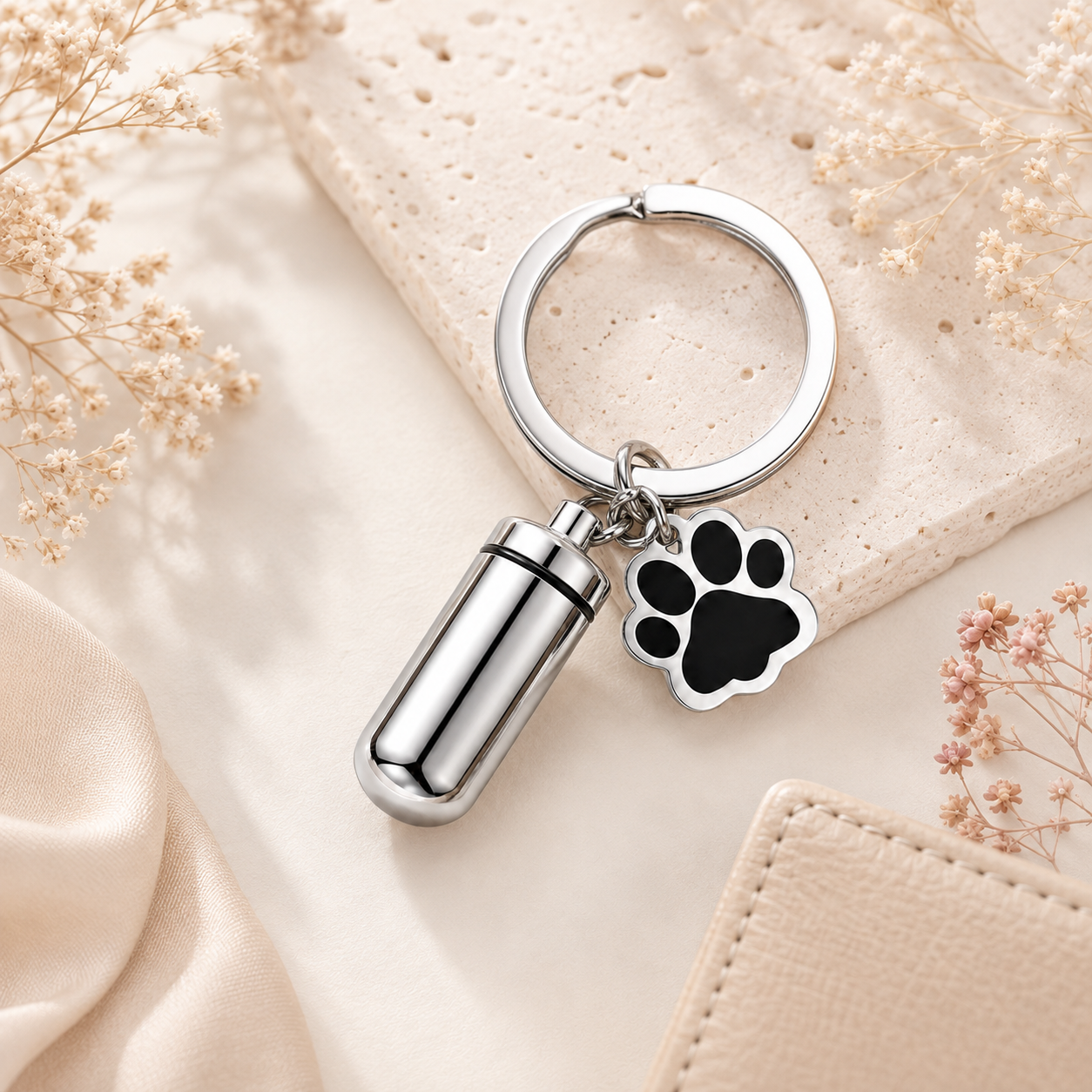 Silver pet memorial keepsake key ring styled on light stone with dried flowers and soft neutral fabric.