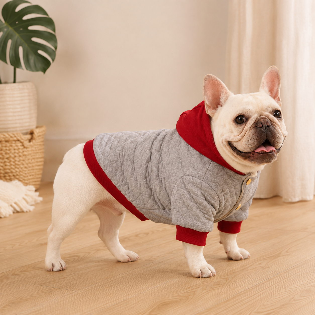 French bulldog wearing the grey festive quilted hooded dog jacket while lounging indoors