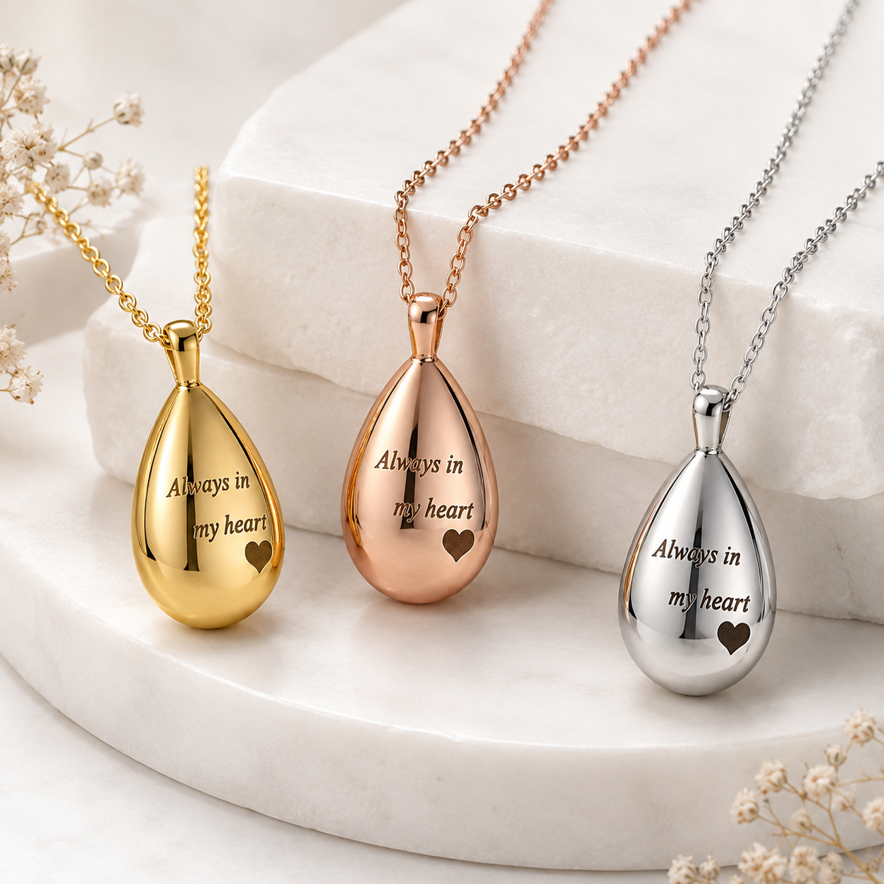 Memorial urn pendant necklaces in gold, rose gold and silver with engraved “Always in my heart” message