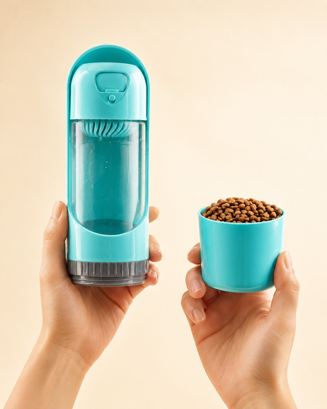 Mint Nomad Sip & Snack 2-in-1 Pet Travel Water Bottle shown beside its matching snack cup filled with kibble.