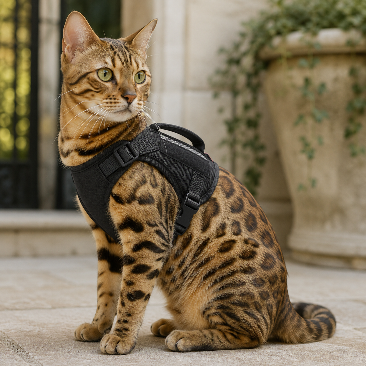 Bengal cat wearing the Prestige Tactical Cat Adventure Harness in Black in a refined outdoor setting.