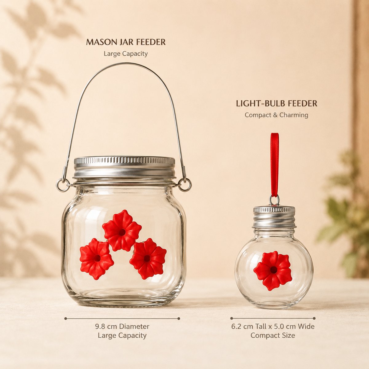 Comparison image showing both Bloom & Sip hummingbird feeder styles: the larger mason jar feeder and the smaller light bulb feeder.