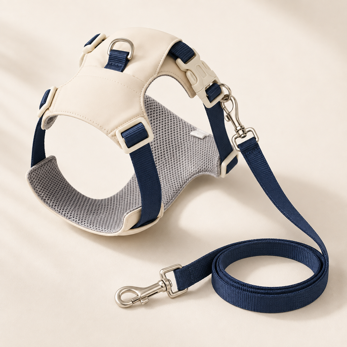 Milan Water-Resistant Oxford Dog Harness with matching leash in beige blue shown on a clean neutral background.