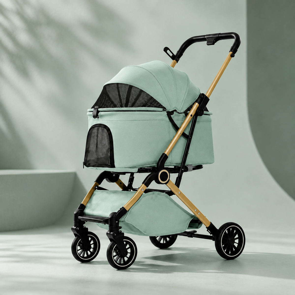 Songjian green foldable pet stroller with breathable mesh windows and compact luxury travel design.