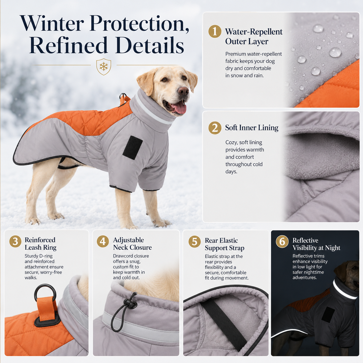 Feature overview of the reflective quilted winter dog coat showing water-repellent outer layer, soft inner lining, reinforced leash ring, adjustable neck closure, rear elastic support strap, and reflective visibility