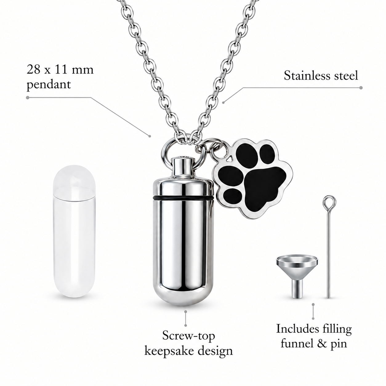 Pet memorial keepsake pendant feature guide showing 28 by 11 mm size, stainless steel and filling tools.