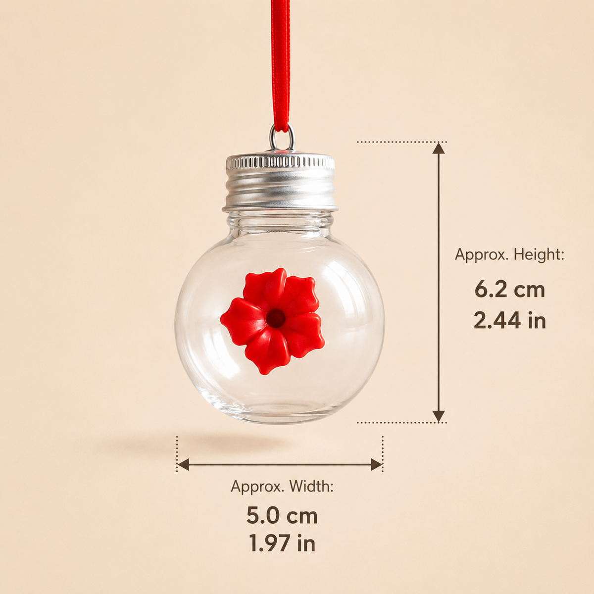 Size guide for the Bloom & Sip mason jar hummingbird feeder showing approximate dimensions in millimetres and inches.