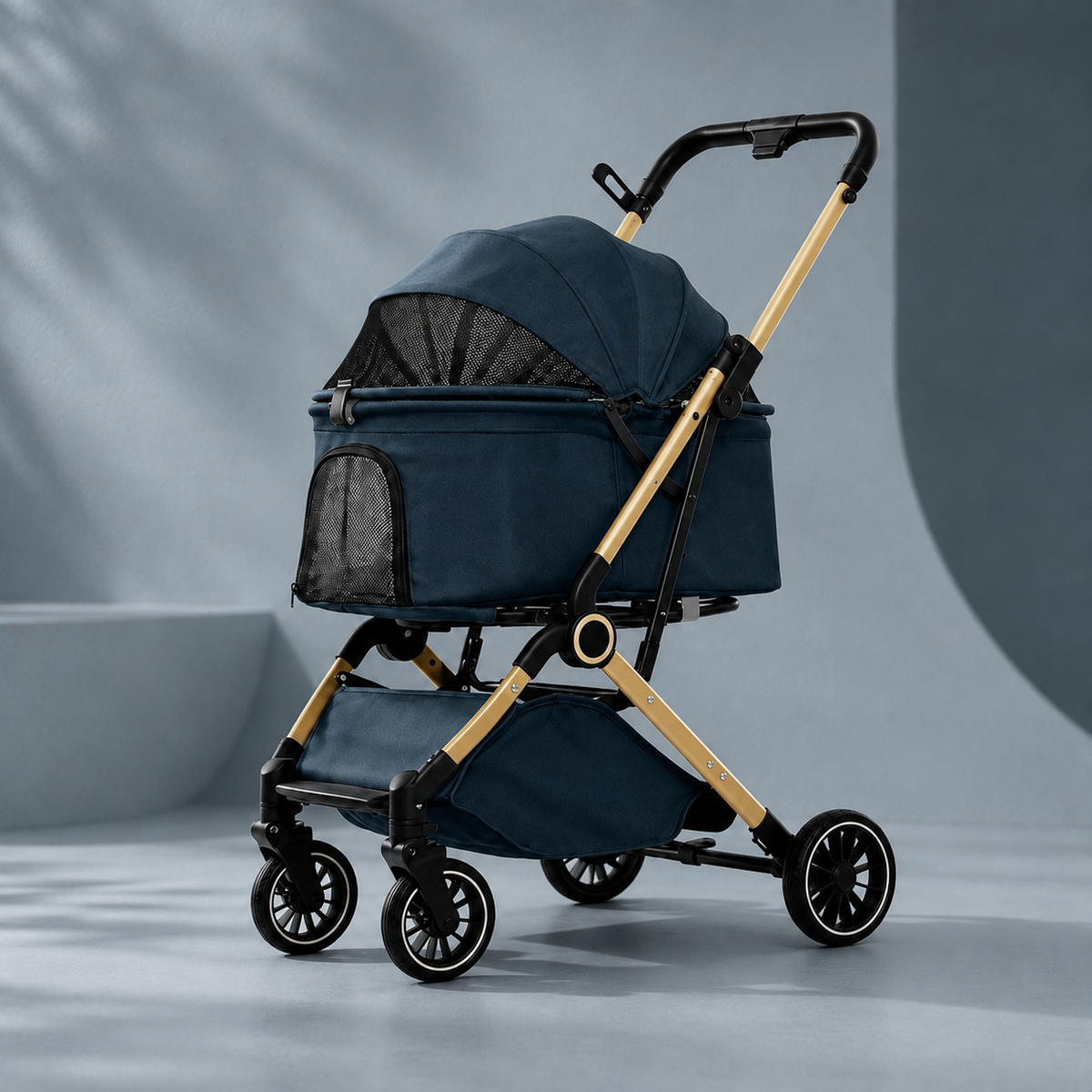 Navy blue pet stroller for cats and small dogs with steel frame, mesh canopy and lower storage compartment.