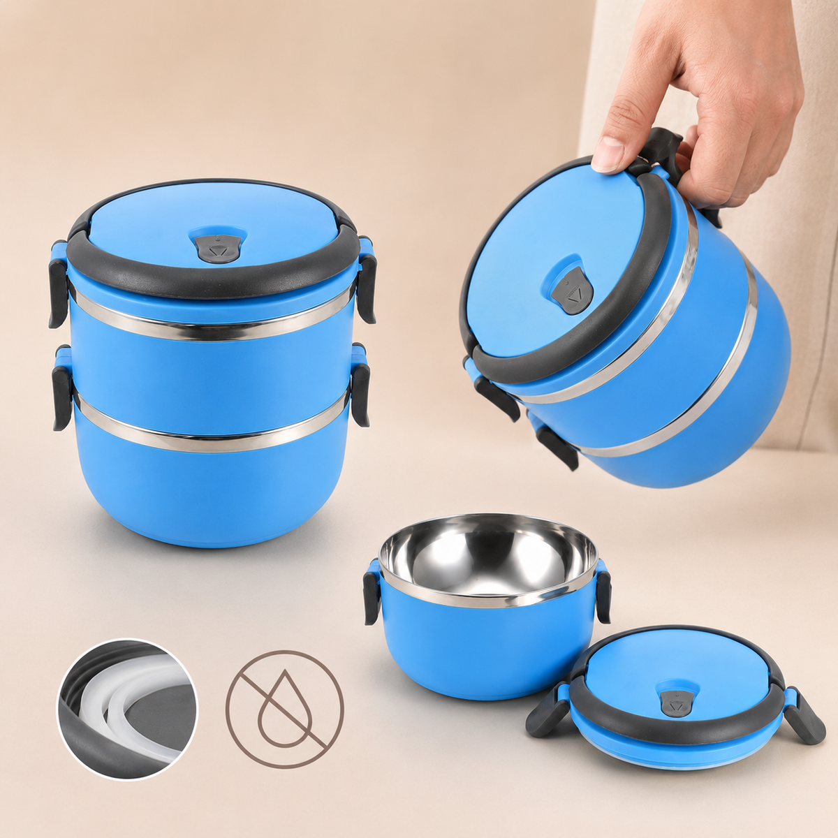 Feature collage of the blue Voyager Seal stainless steel pet travel bowl showing the leak-resistant seal, carry position and open bowl view.