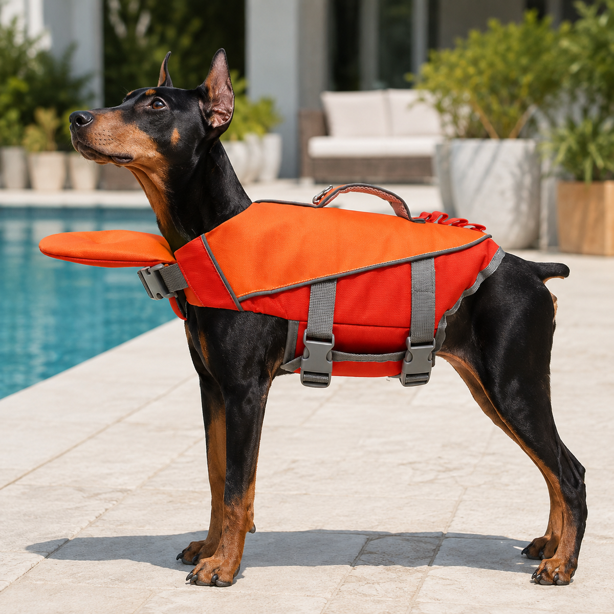 Side view of a dog wearing the HarborGuard reflective dog life jacket in orange and red beside a pool.