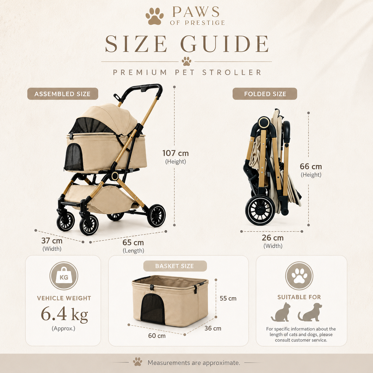 Size guide infographic for the Promenade Luxe foldable pet stroller showing basket dimensions, folded measurements and assembled height.