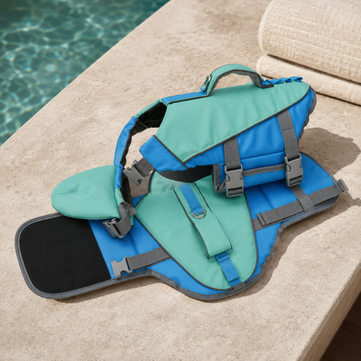 Open flat lay detail of the HarborGuard reflective dog life jacket in pine green and blue showing straps, buckles and interior construction.