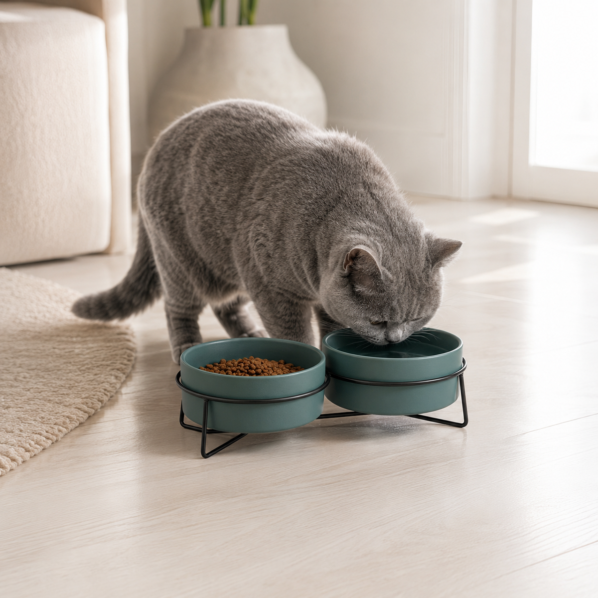 Grey cat using a teal elevated double ceramic pet bowl stand for food and water.