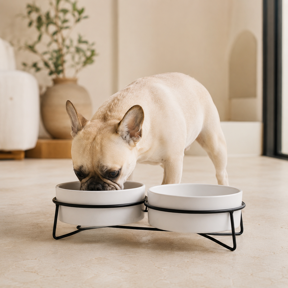 French bulldog eating from a white elevated double ceramic pet bowl stand in a refined home interior.