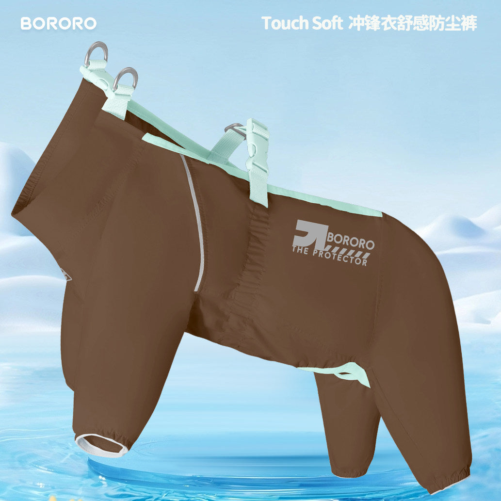 Outdoor water-resistant dog jumpsuit in Dark Brown, flat lay#Archived_Dark brown
