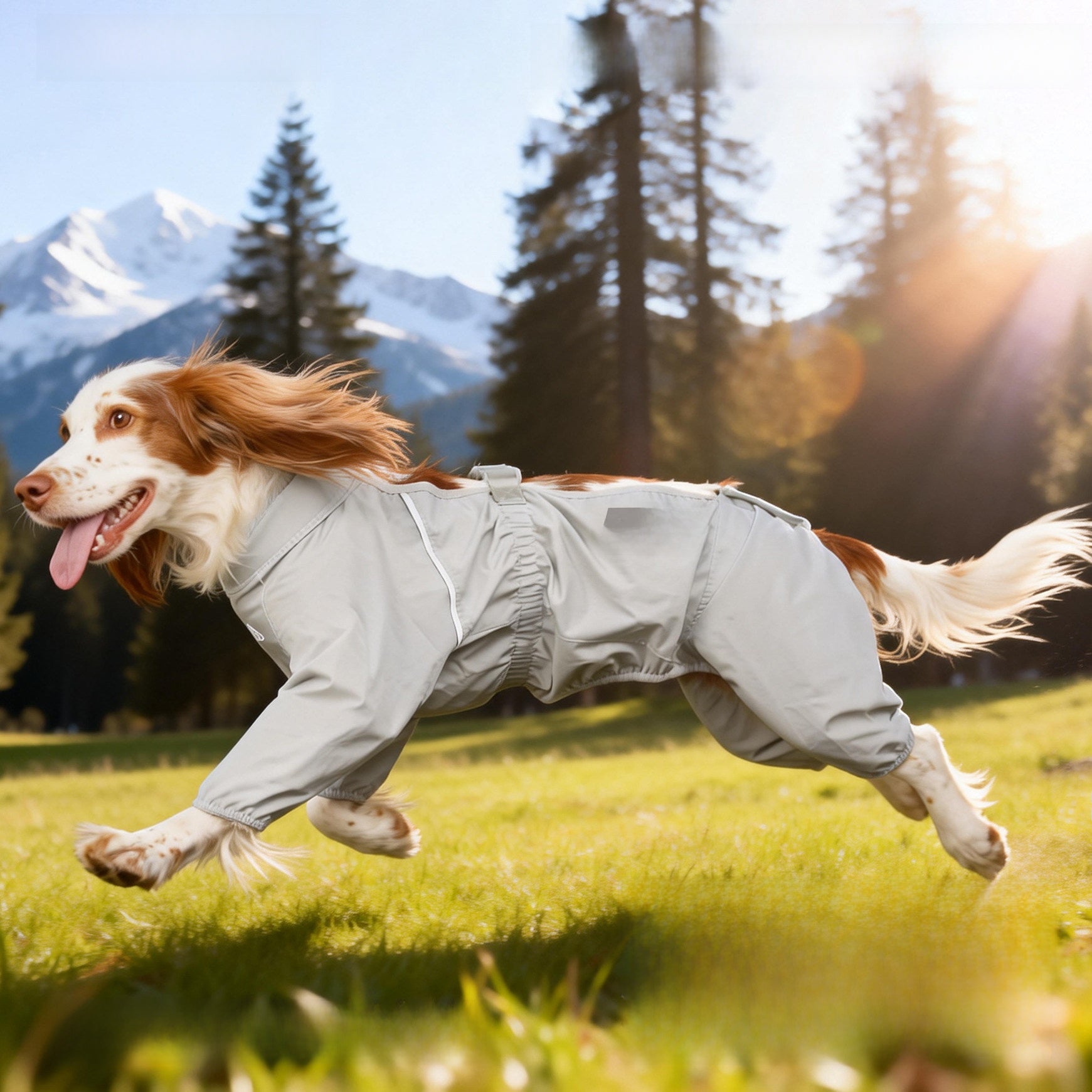 Dog wearing the outdoor water-resistant jumpsuit while running in a mountain field#Archived_General