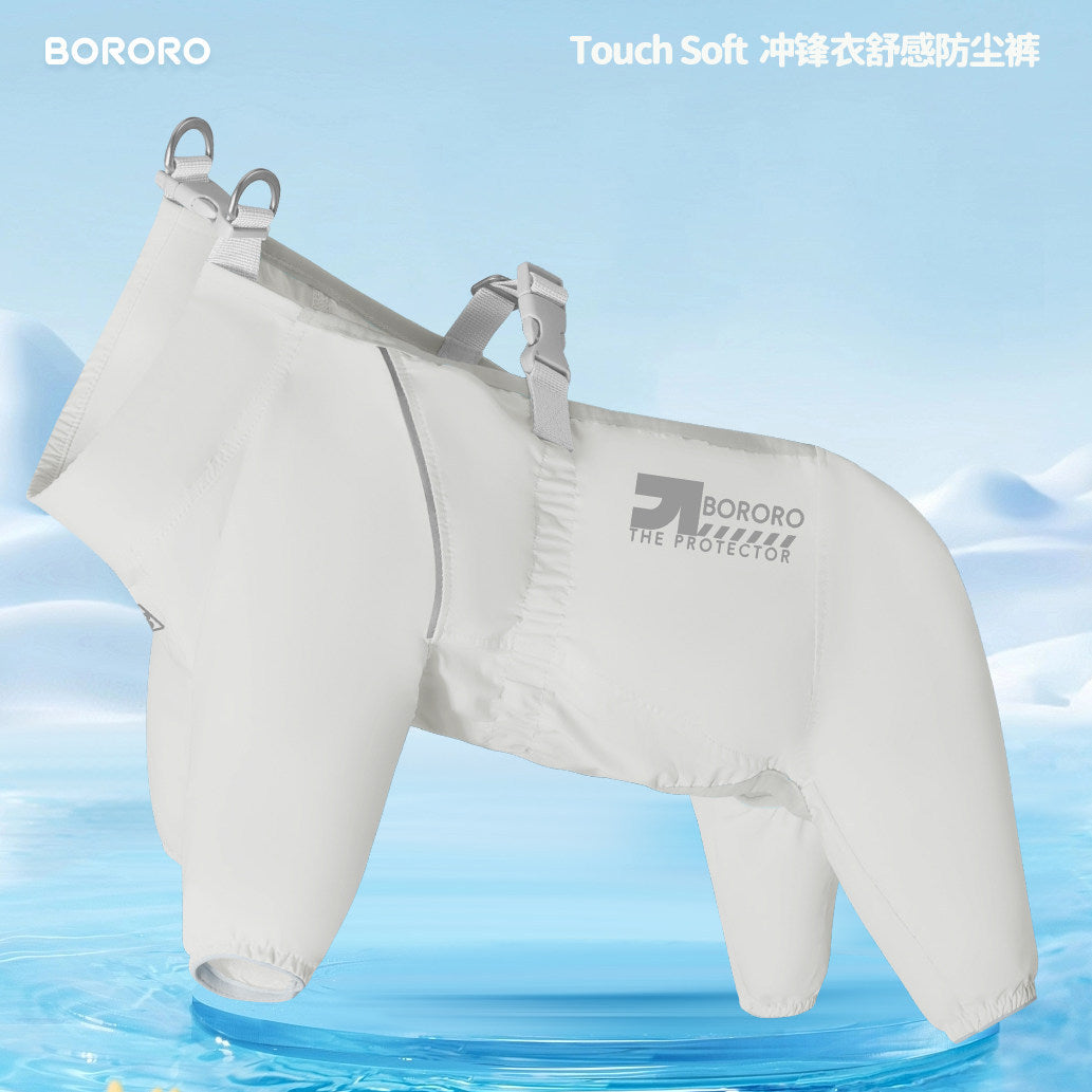 Outdoor water-resistant dog jumpsuit in Soft Mist Gray, flat lay#Archived_Soft mist gray