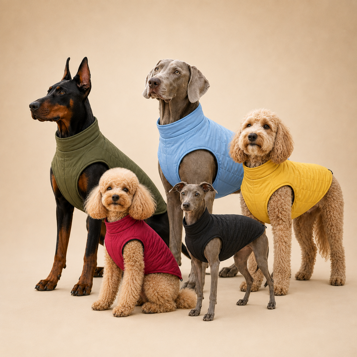 Dogs of different breeds wearing the Water-Resistant Dog Vest in multiple colors on a warm studio backdrop.
