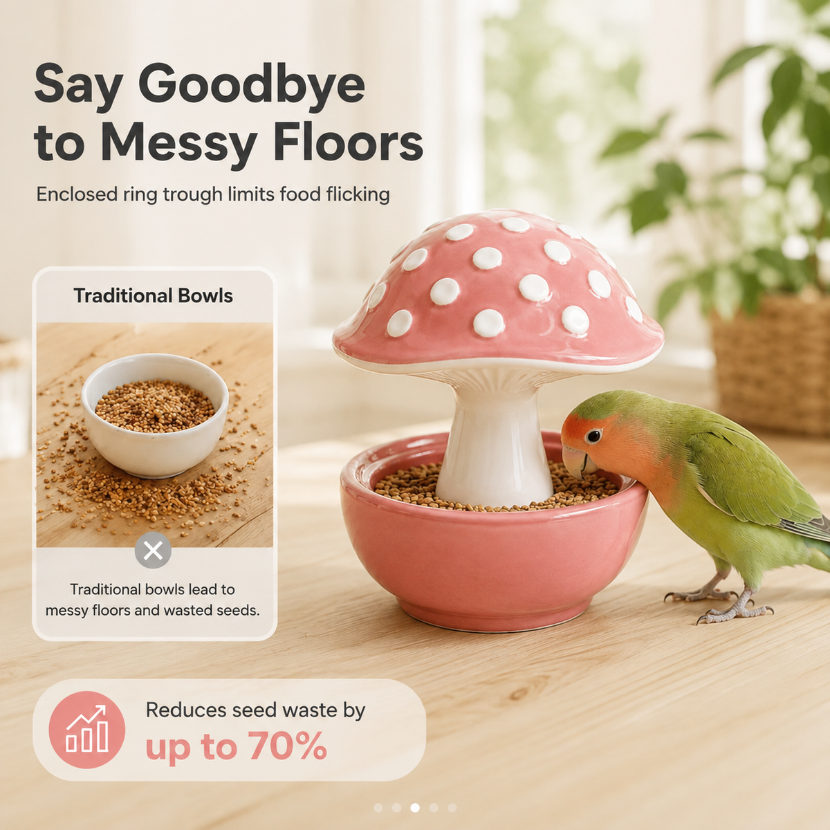 Pink Meadowcap ceramic mushroom bird feeder with a lovebird feeding from the enclosed ring trough, shown beside a traditional bowl comparison highlighting up to 70% less seed waste.