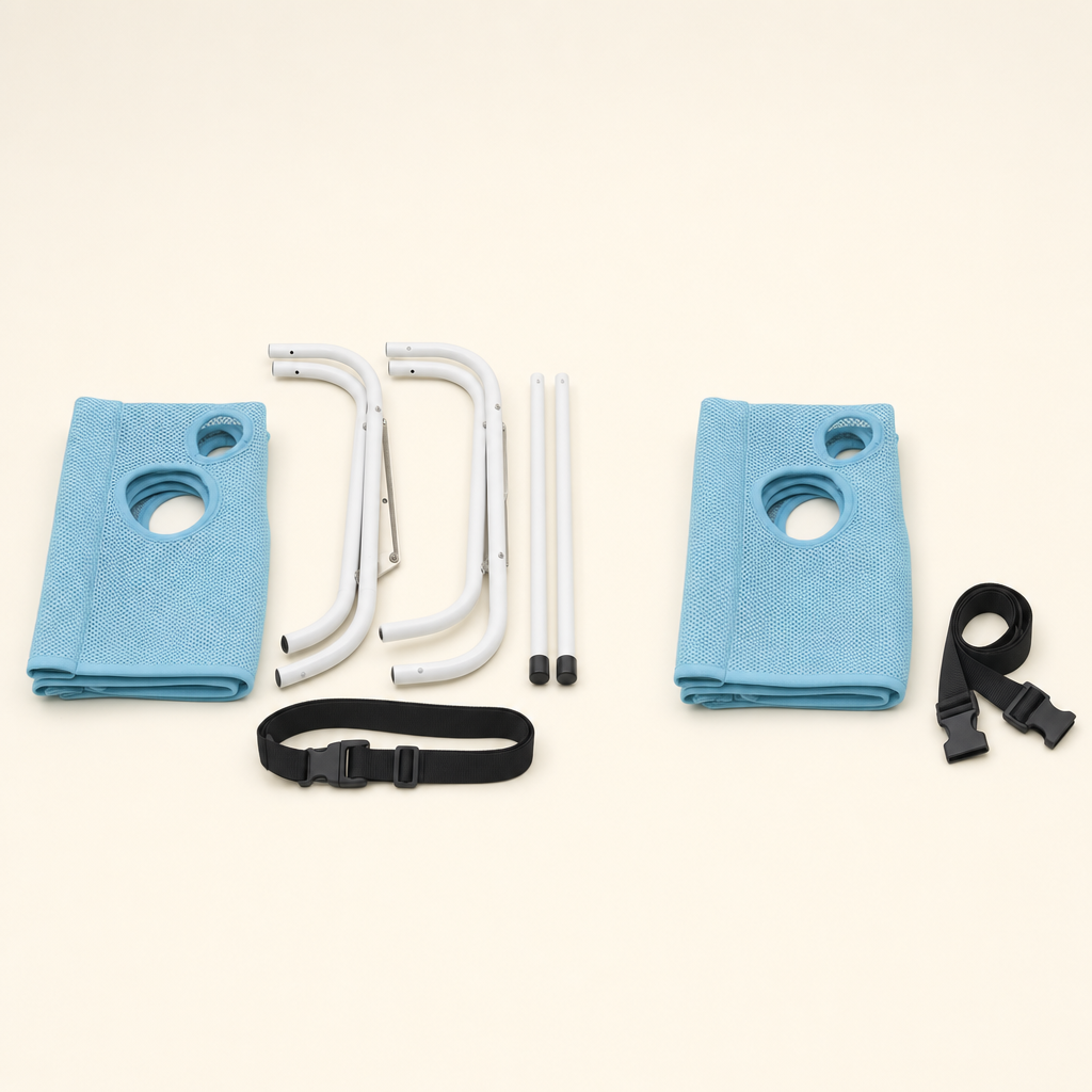 Two groups side by side: on the left the folded sling with the disassembled white frame and strap; on the right the folded sling and strap alone, with no frame.