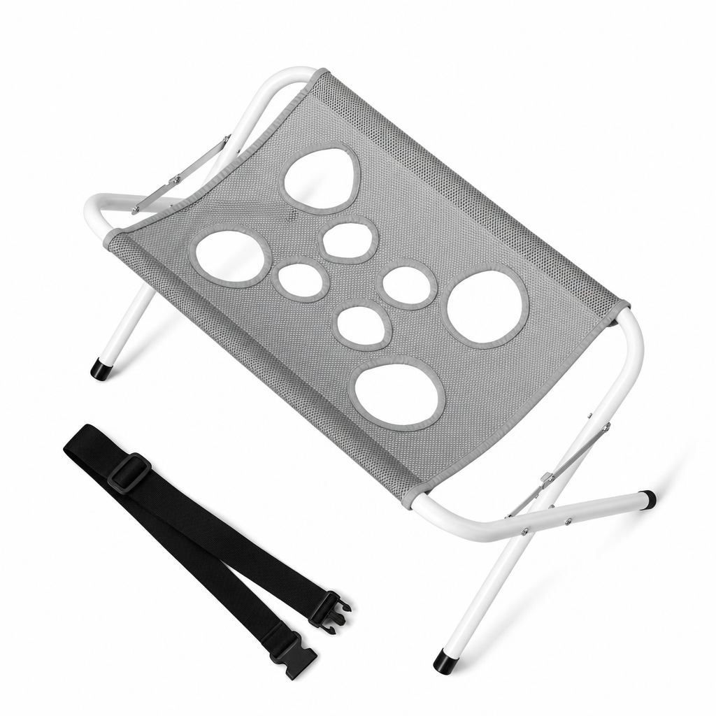 Stand + Gray Mesh: the grey mesh sling on its white folding frame, shown with the black adjustable strap.