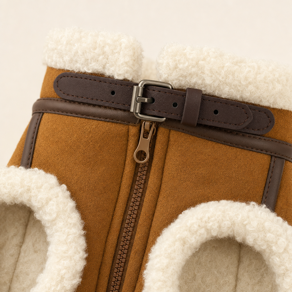Adjustable buckled neck strap above the front zip on the tan pet coat