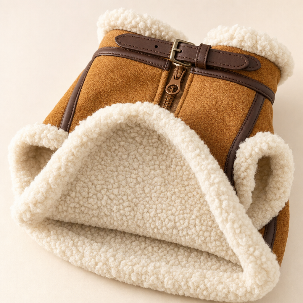 Cream sherpa lining of the pet coat, collar folded open to show the depth of the pile